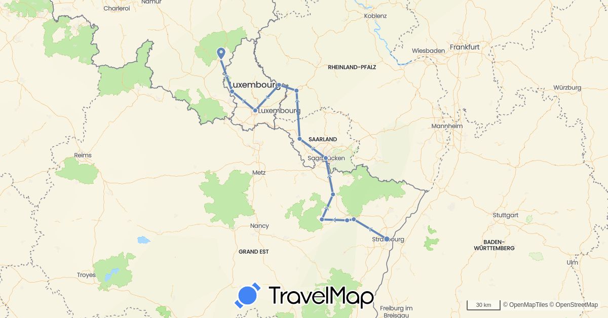 TravelMap itinerary: driving, cycling in Belgium, Germany, France, Luxembourg (Europe)